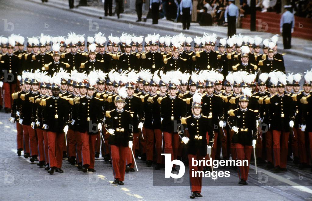 Parade of The Saint Cyr Militairy School on The Champs Elysees Avenue in Paris on Bastille-Day July 14, 1988 (photo)