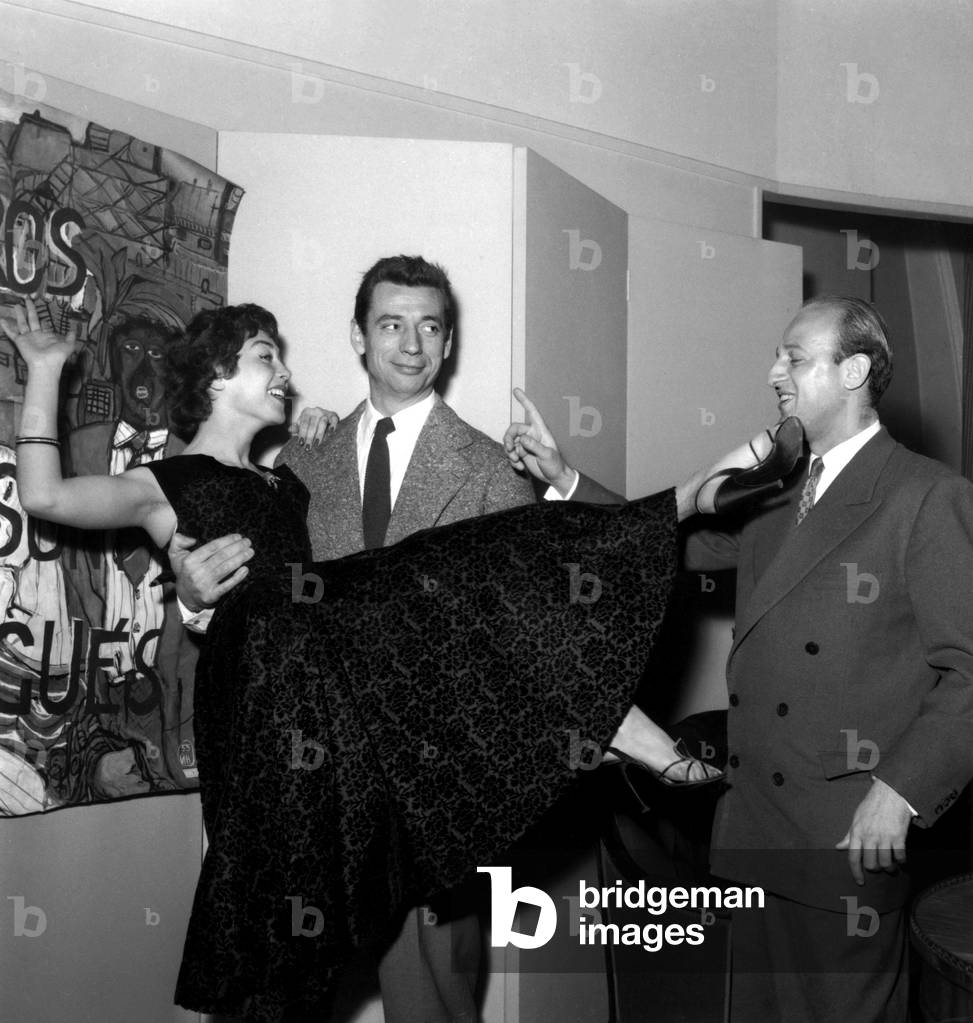 Actors Elisabeth Manet, Yves Montand and Director Yves Ciampi on Set of Film Heroes and Sinners February 2, 1955 (b/w photo)