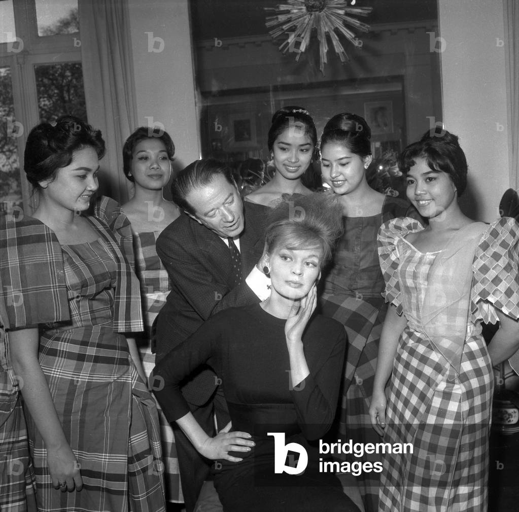 French Hairdresser Guillaume and Dancers of Ballet of The Philippines, Paris, April 5, 1960 (b/w photo)