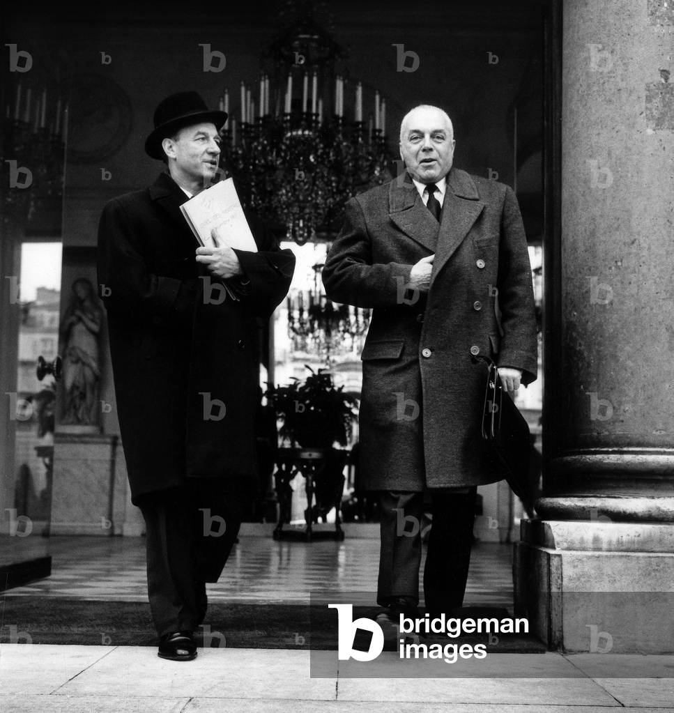 Raymond Marcellin (L), French Minister of Health and Gilbert Grandval, French Minister of Employment, Leaving The Elysee Palace (Paris) After The Council of Ministers on December 22, 1965 (b/w photo)