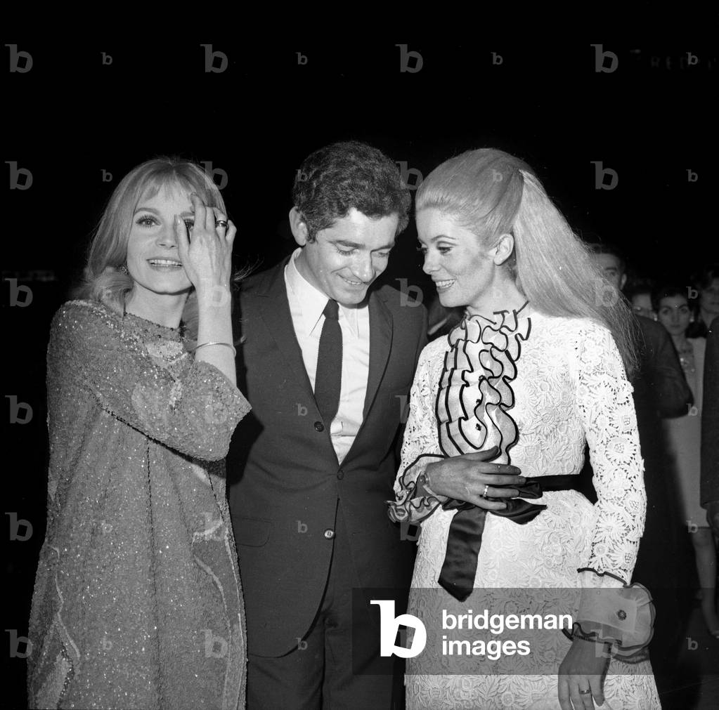 Francoise Dorleac, Jacques Demy and Catherine Deneuve at Premiere of Film The Young Girls of Rochefort in Paris on March 7, 1967 (b/w photo)