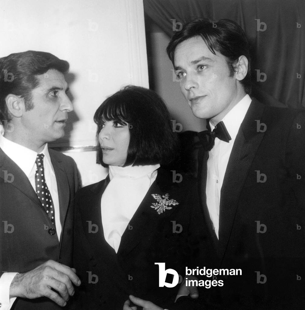 Gilbert Becaud, Juliette Greco and Alain Delon in Dressing Room of Gilbert at The Olympia in Paris February 21, 1969 (b/w photo)