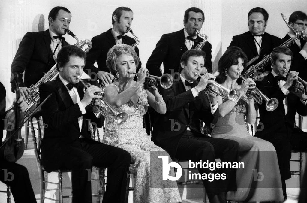 Recording of TV Programme on January 12Th, 1970 : L-R : Jacques Martin, Jacqueline Maillan, Maurice Biraud, Sophie Desmarets (1922-2012) and Jean Poiret. (b/w photo)