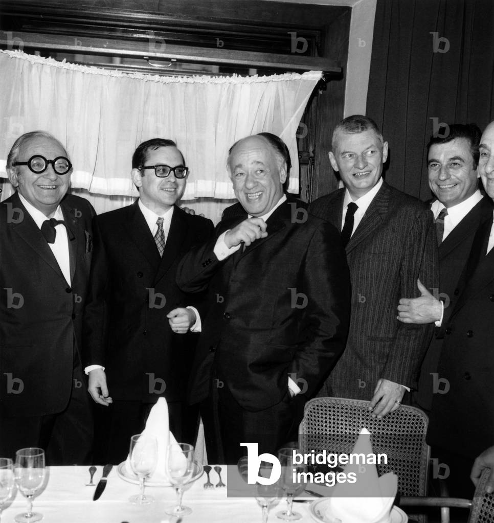 Jean Claude Grumberg Has Won A Prize For One of his Play on April 23, 1968, here With Members of Jury : L-R : Marcel Achard, Jean-Claude Grumberg, Eugene Ionesco, Jean-Jacques Gauthier, Francois Perier and Benoit Leon-Deutsch (b/w photo)