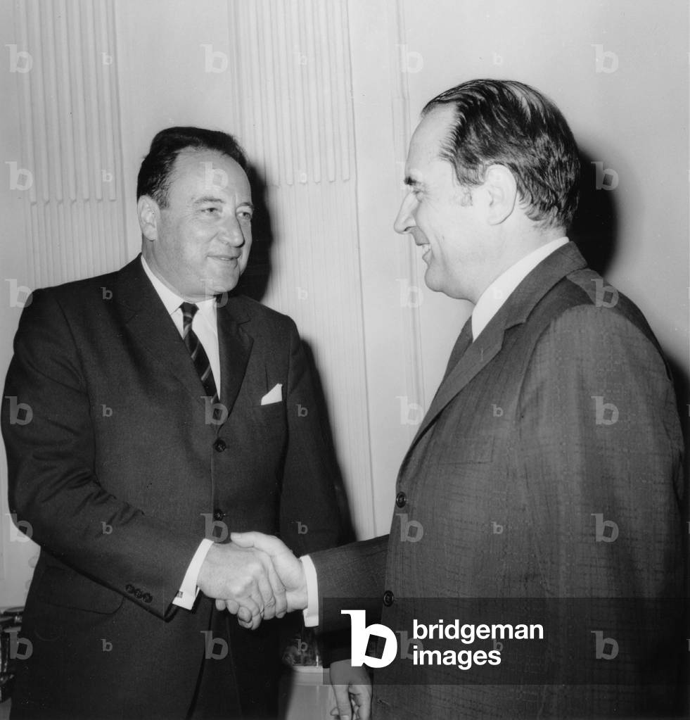 Francois Mitterrand (First Secretary of Radical Party) Recu Par Maurice Faure (President of Radical Party) at Party Headquarters July 7, 1971 (b/w photo)