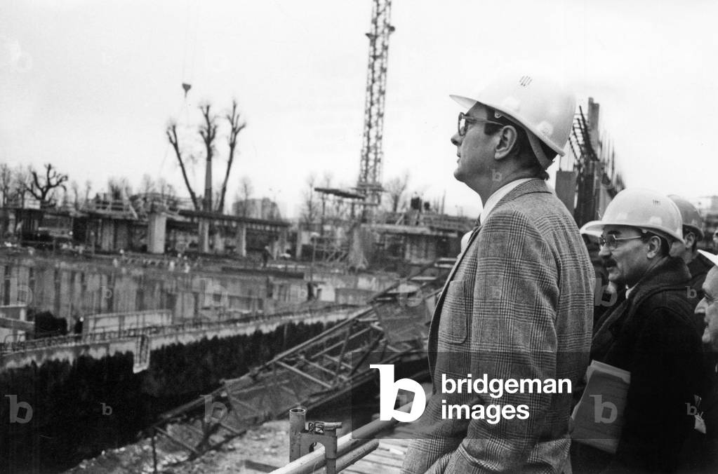 Jacques Chirac, Mayor of Paris, Visiting Construction Site For Bercy Sports Centre in Paris December 11, 1981 (b/w photo)