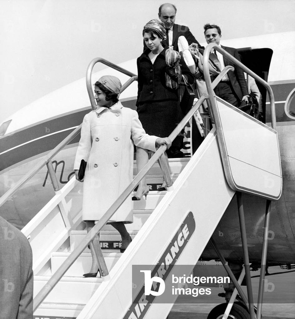 Princess Ashraf Pahlevi (Twin Sister of The Chah of Iran) Greeted By Vice-Minister of Foreign Affairs at Paris Airport on her Arrival From Warsaw Varsovie September 19, 1966 (b/w photo)