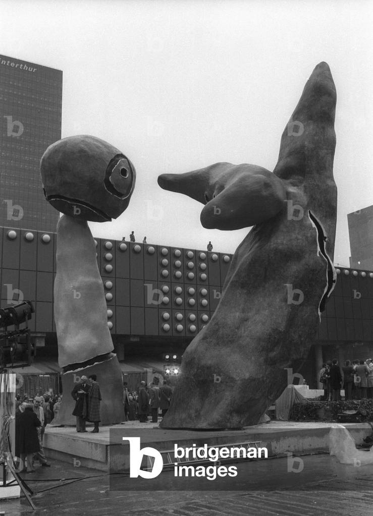 Inauguration of 'Two Fantastic Characters', a monumental sculpture by Joan Miro in Paris La Defense, 1978