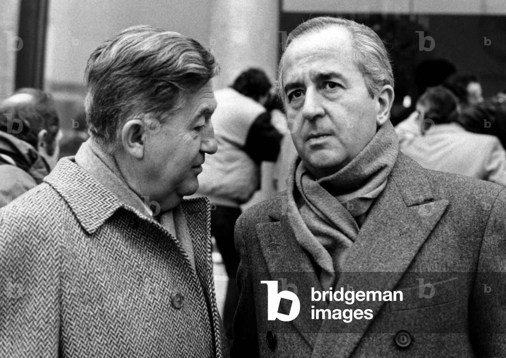 Jean-Bernard Raimond, French Minister of Foreign Affairs, and Edouard Balladur, French Minister of Economy, Leaving Elysee Palace, Paris, January 21, 1987 (b/w photo)