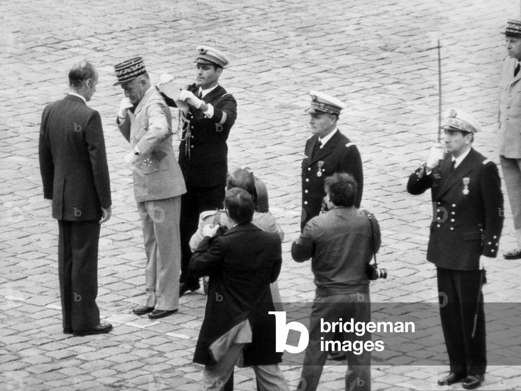 French President Valery Giscard D'Estaing (Vge) and French General Marcel Bigeard Who Has Received The Cross of Legion of Honour, at The Invalides in Paris, September 27, 1974 (b/w photo)