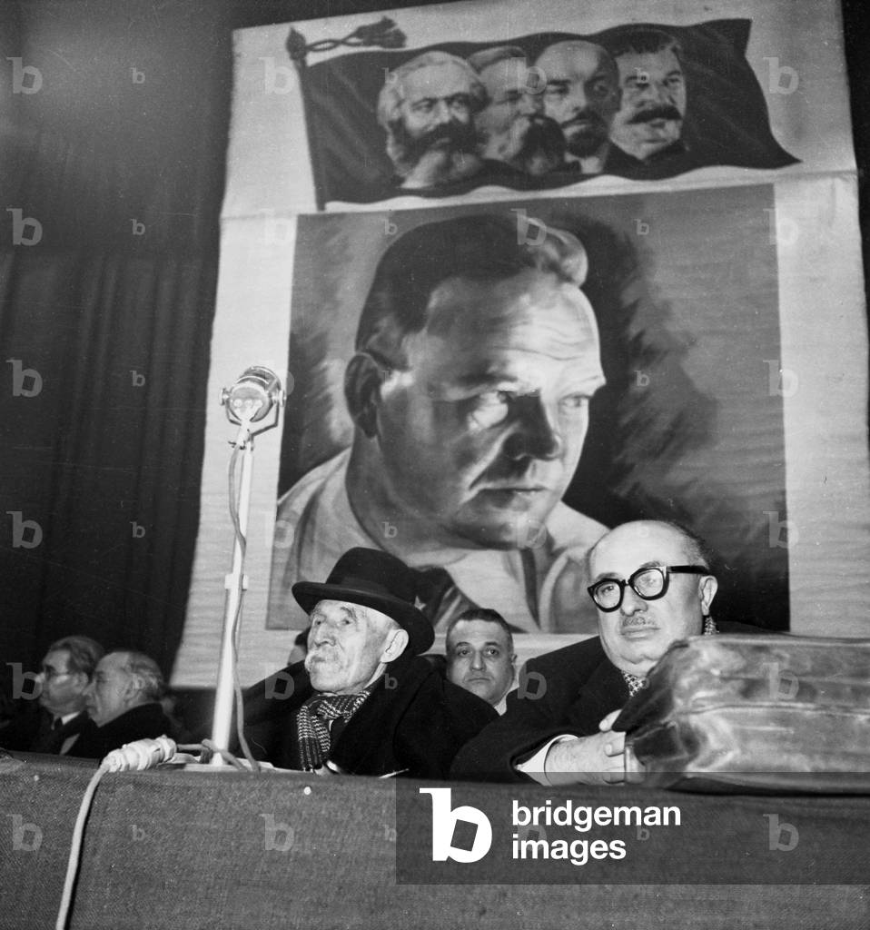 Marcel Cachin and Jacques Duclos during Communist Meeting With Maurice Thorez, Paris, March 2, 1949 (b/w photo)