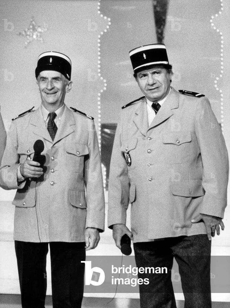 Actors Louis De Funes and Michel Galabru Wearing Policemen Suits during TV Programme in 1982 (b/w photo)