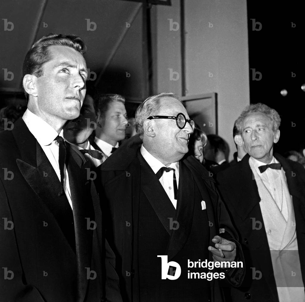 Bernard Buffet, Marcel Achard and Jean Cocteau, Members and President of Jury, Arriving at Festival in Cannes, May 5, 1958 (b/w photo)