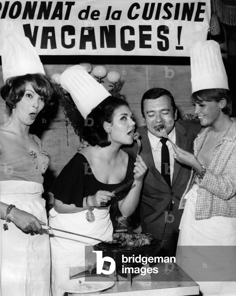 At the Maya Center Casablanca In The Company Of Michel Olivier Left Maryse Mejean And Right The Model Aida On July 7, 1965 During The Outdoor Kitchen And Holiday Championship (b/w photo)