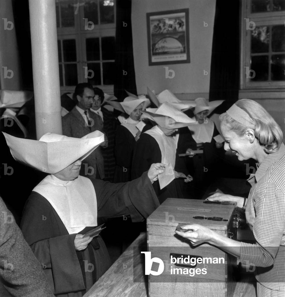 Nuns Voting For Referendum (About New Constitution) on September 28, 1958, Paris (b/w photo)
