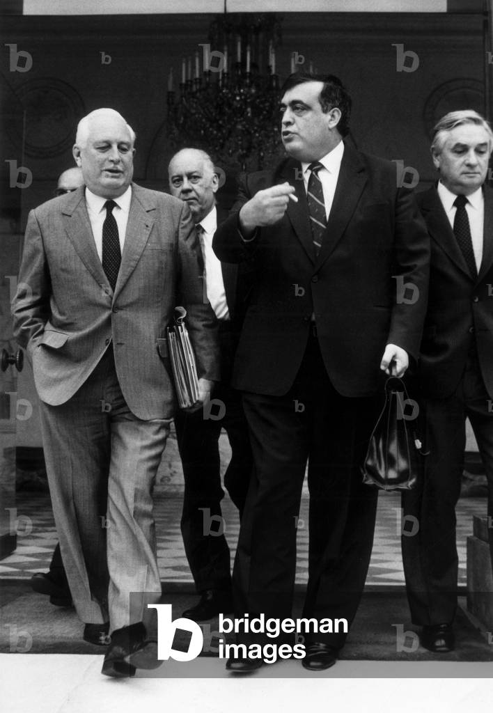 Andre Giraud, Robert Pandraud, Philippe Seguin (French Minister of Social Affairs) and Jacques Valade Leaving Elysee Palace in Paris After Council of Ministers, October 23, 1987 (b/w photo)