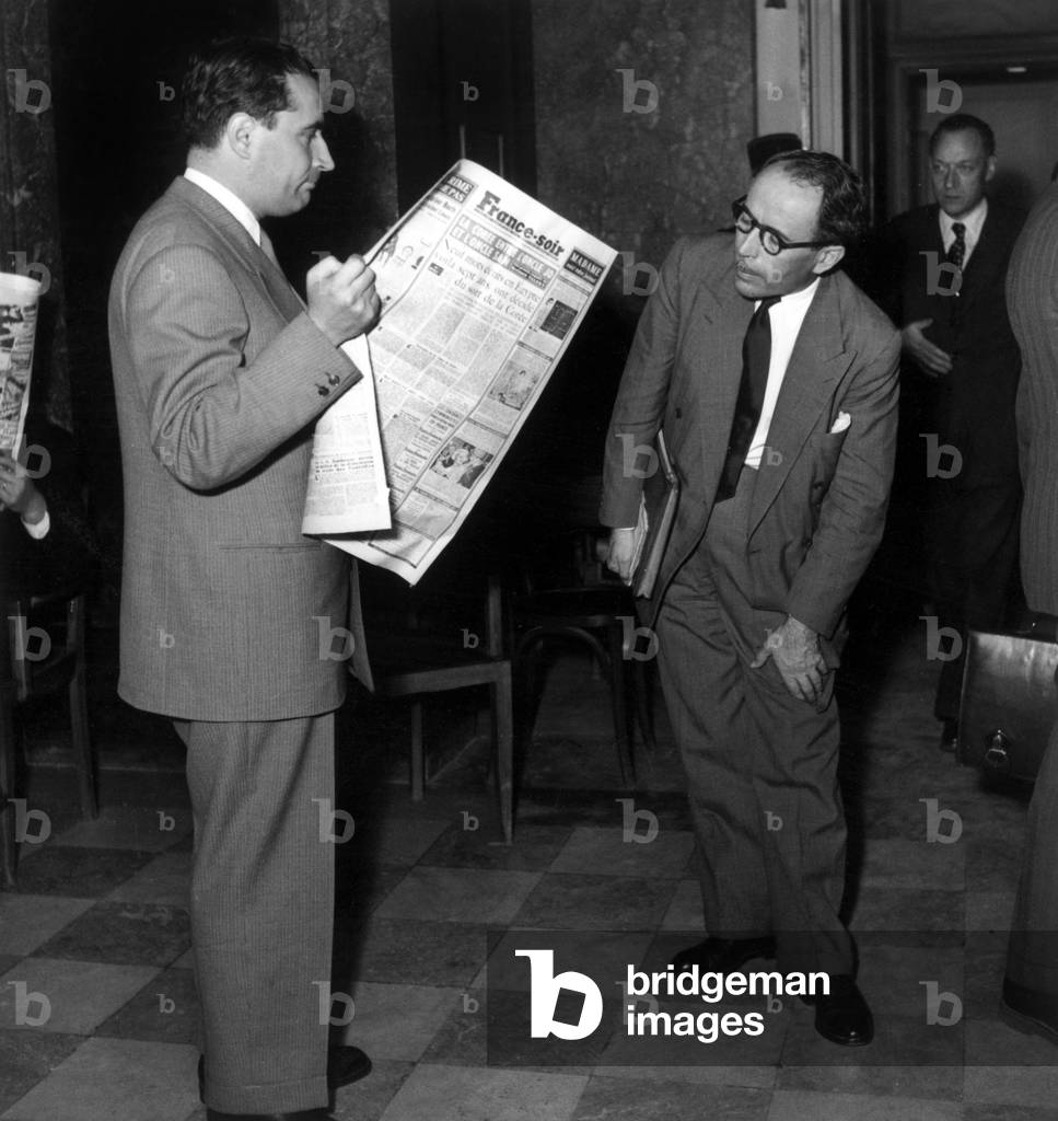 French Minister Francois Mitterrand Reading Newspaper France Soir in 1950, on The Right Is Antoine Pinay, at The Time of The War in Korea (b/w photo)