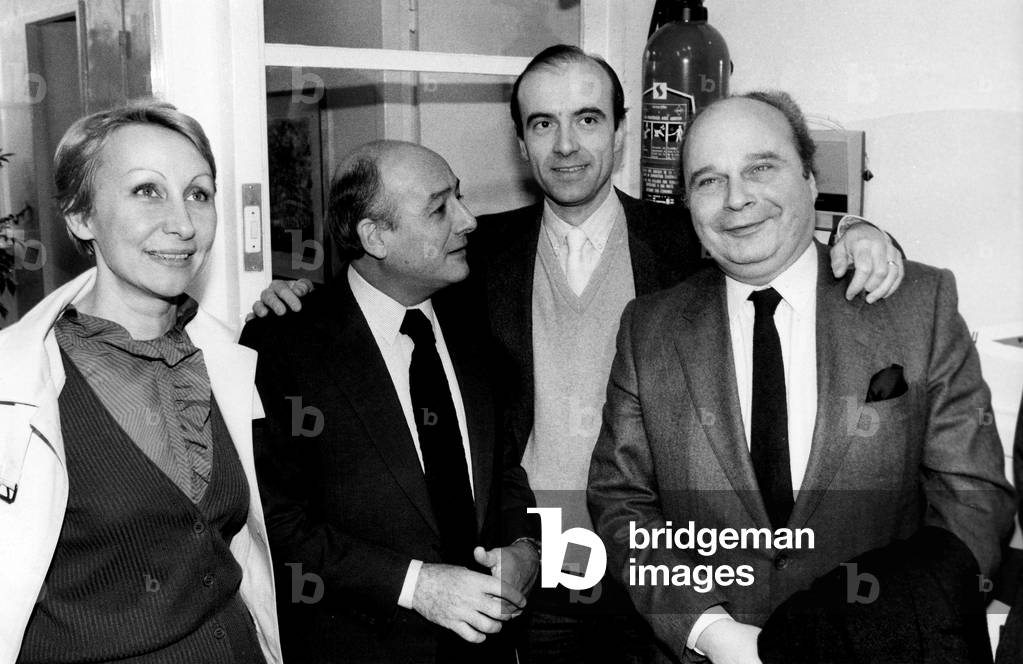 French Politicians Jacqueline Delate, Jean Piere Bloch, Alain Juppe and Roger Chinaud during Local Elections Campaign in Paris February 22, 1983 (b/w photo)