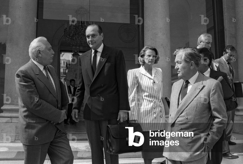 French ministers Andre Giraud, Jacques Chirac, Michele Alliot Marie, Jean Bernard Raimond after council of ministers, Elysee, Paris, May 15, 1987 (b/w photo)