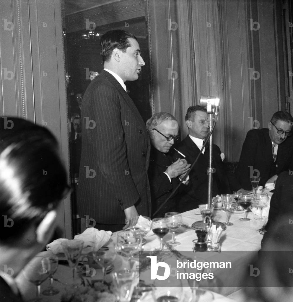 The Minister Francois Mitterrand and President Vincent Auriol,during Lunch of The Trade Union of The Regional Press, 9 The Mars 1949. on R : Jules Moch (b/w photo)