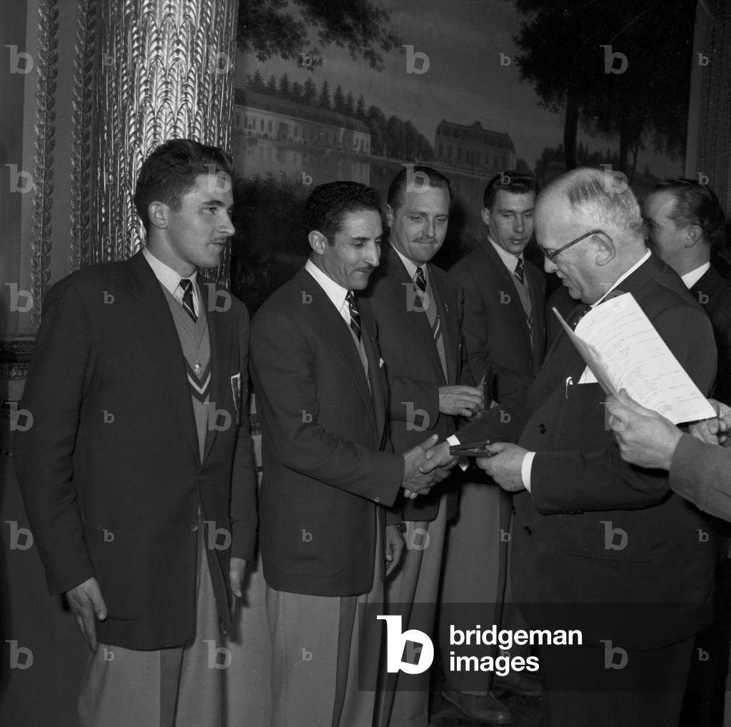French President Vincent Auriol Congratulating French Athlet Alain Mimoun November 13, 1952 (b/w photo)