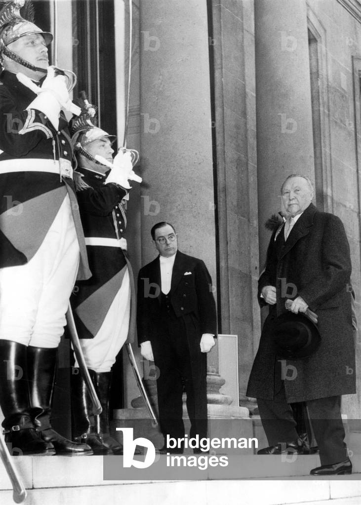 German Chancellor Konrad Adenauer Arriving at Elysee Palace in Paris Before Meeting of Heads of 6 States Members of Eec February 9, 1961 (b/w photo)
