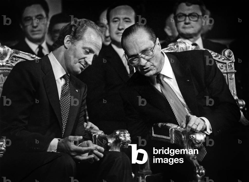 Jacques Chirac, Mayor of Paris, Speaking With Spanish King Juan Carlos 1St, at Paris City Hall, July 9, 1985 (b/w photo)