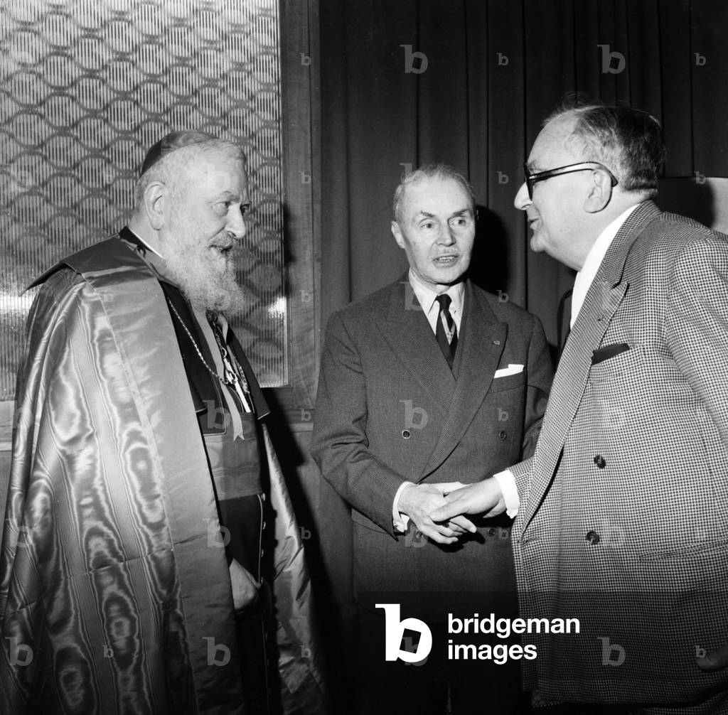 Cardinal Eugene Tisserant, Maurice Genevoix and Marcel Achard June 15, 1961 (b/w photo)