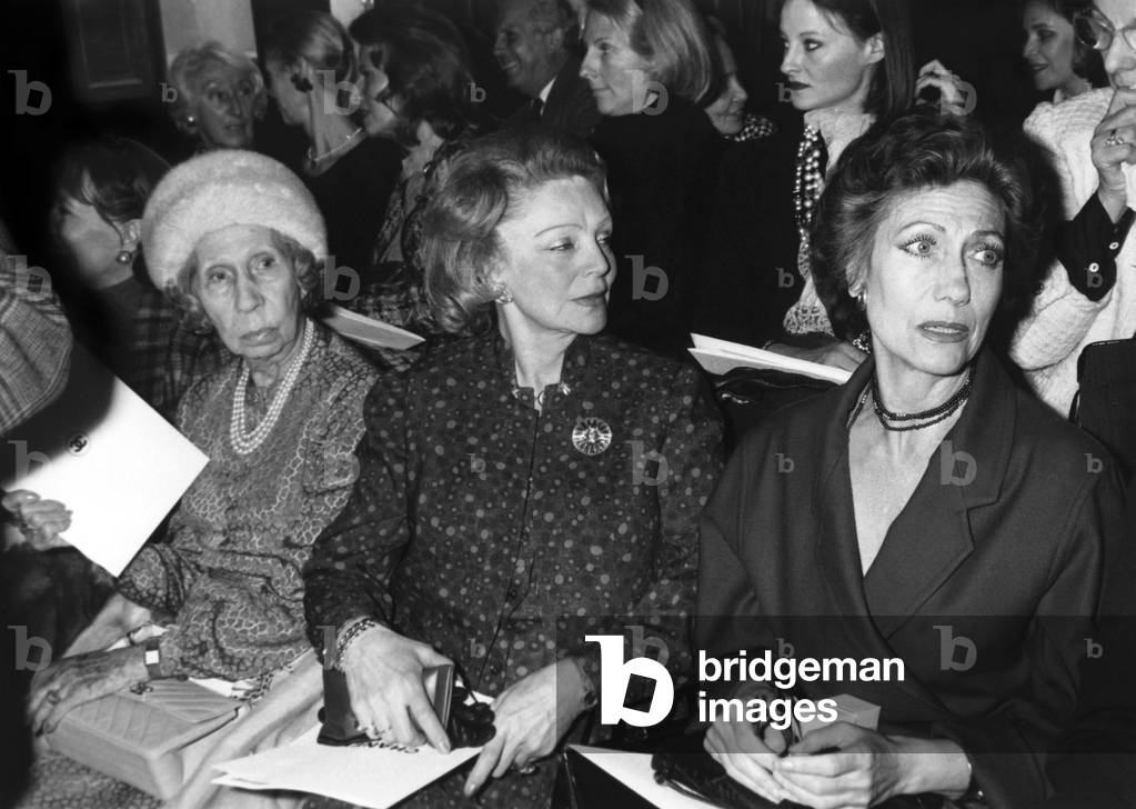 Madeleine Dassault (Wife of Marceldassault), Eve Barre and Helene Rochas at Chanel Fashion Show on January 24, 1984 (b/w photo)