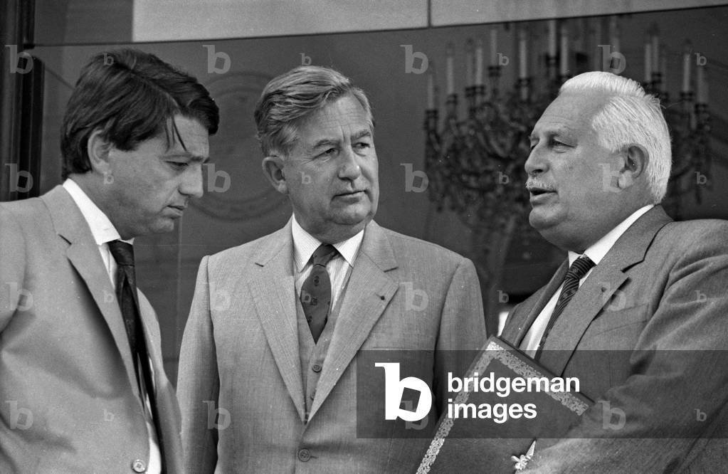French ministers Alain Madelin, Jean-Bernard Raimond and Andre Giraud after council of ministers, Paris, August 20, 1986 (b/w photo)