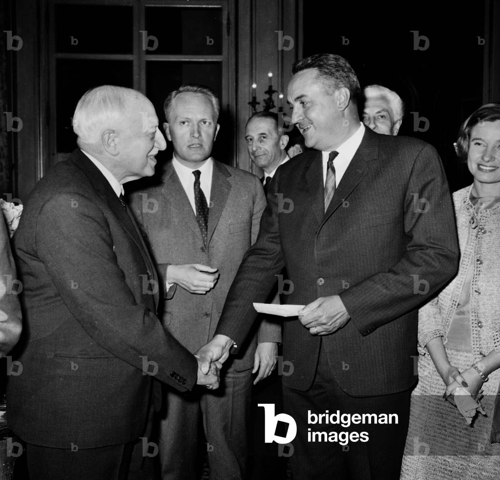 French Writer Andre Maurois Congratulating Arthur Conte Who Has Won A Prize (
