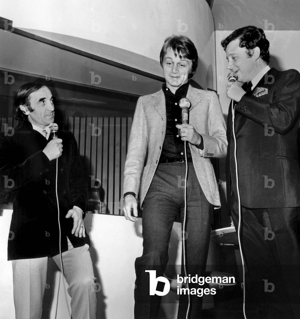 Philippe Bouvard Presenting The Radio Program With Charles Aznavour and Claude Francois, 1970 (b/w photo)
