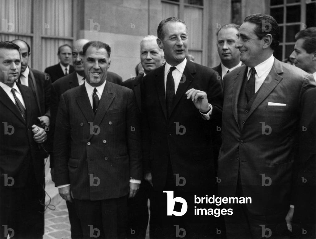 The Group of Government Member of Parliament Has Been Received at Matignon Hotel By French Prime Minister Georgespompidou May 29, 1968 : Raymond Mondon (2Nd From R) and Behind Him Michel Poniatowski (b/w photo)