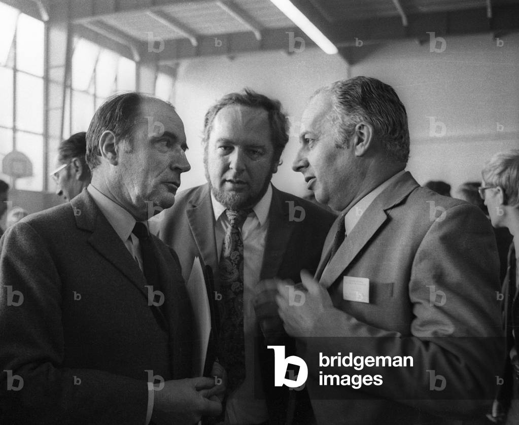 Socialist congress in Epinay sur Seine, France, June 11, 1971 : Francois Mitterrand, Andre Delile, Claude Estier (b/w photo)