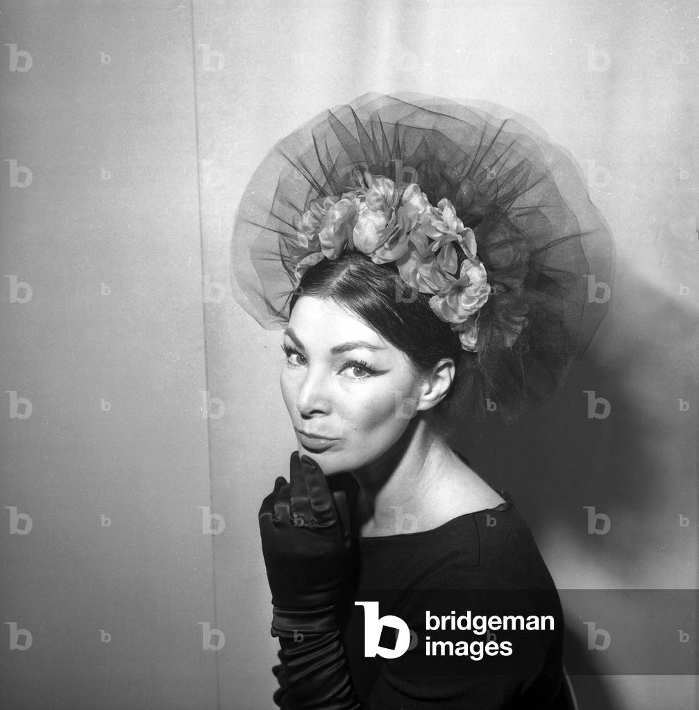 Hat By Rose Valois presented by Model Lucky, Paris, January 18, 1962 (b/w photo)
