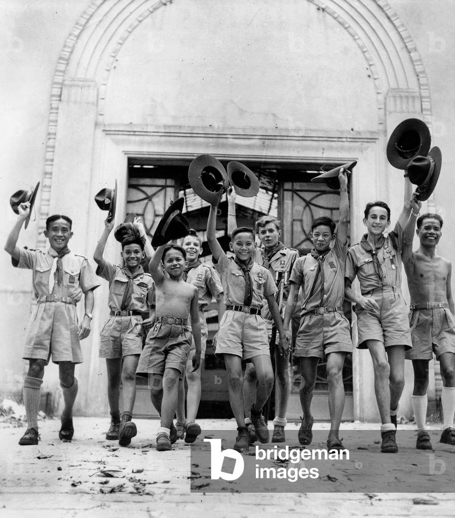 Indochinese Cub Scouts during Jamboree (Multi Ethnic Groups of Scouts Meeting) in France in 1947 (b/w photo)