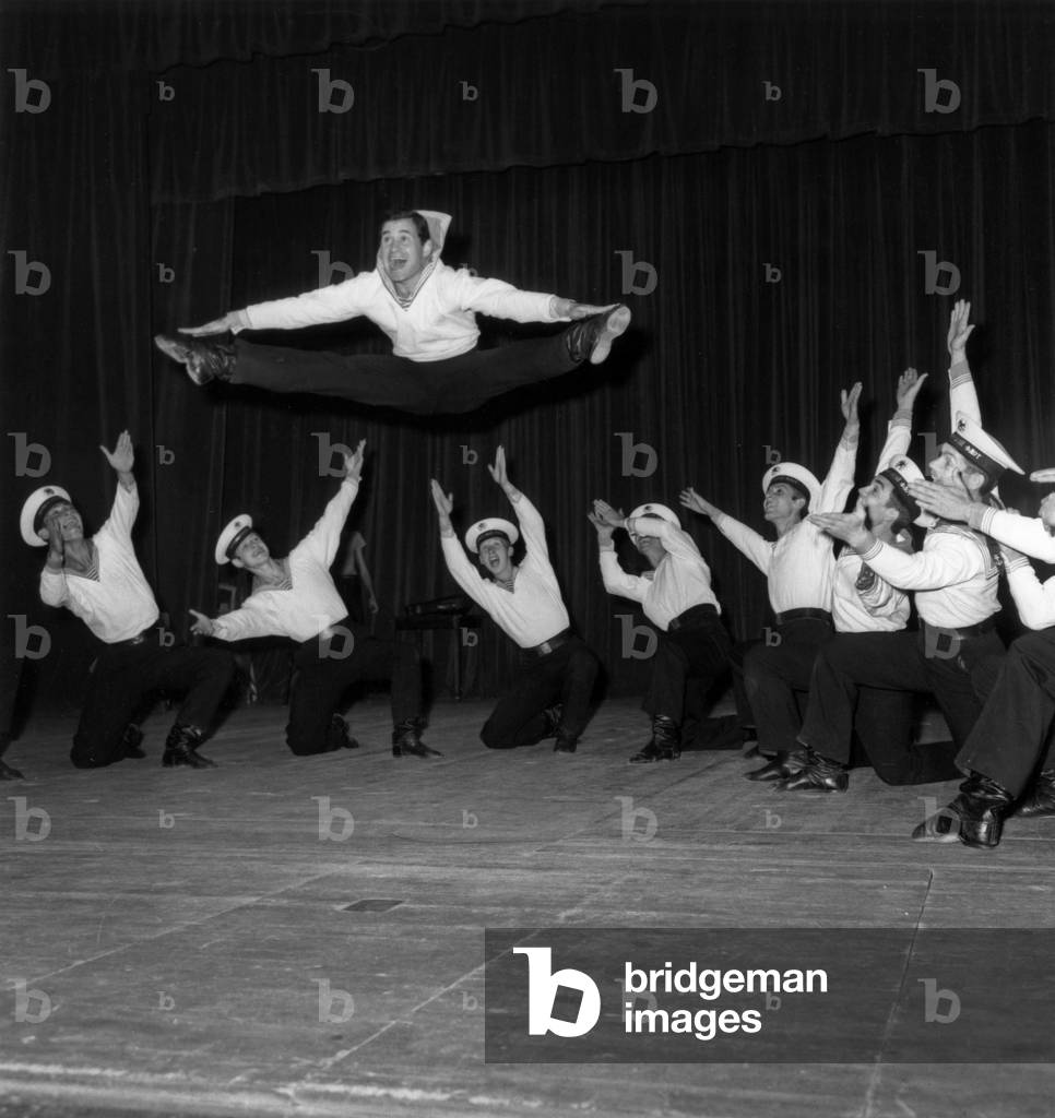 The Troop Des Choeurs et Dances De La Fleet Sovietique Repetant At La Salle Pleyel in Paris September 7, 1971 (b/w photo)
