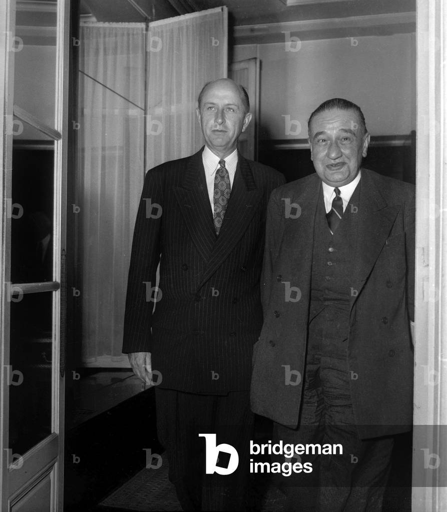 Maurice Petsche, French Finance minister, with Eugene Black, President of the World Bank, in Paris, August 22, 1949 (b/w photo)