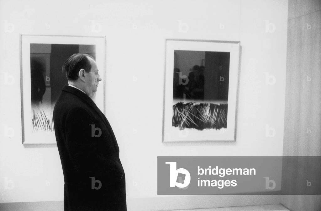 Andre Malraux, French Minister of Culture, at Exhibition of Hanshartung, Paris, January 7, 1969 (b/w photo)