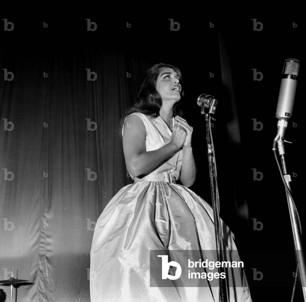 Singer Dalida on Stage at The Olympia, Paris, September 5, 1959 (b/w photo)