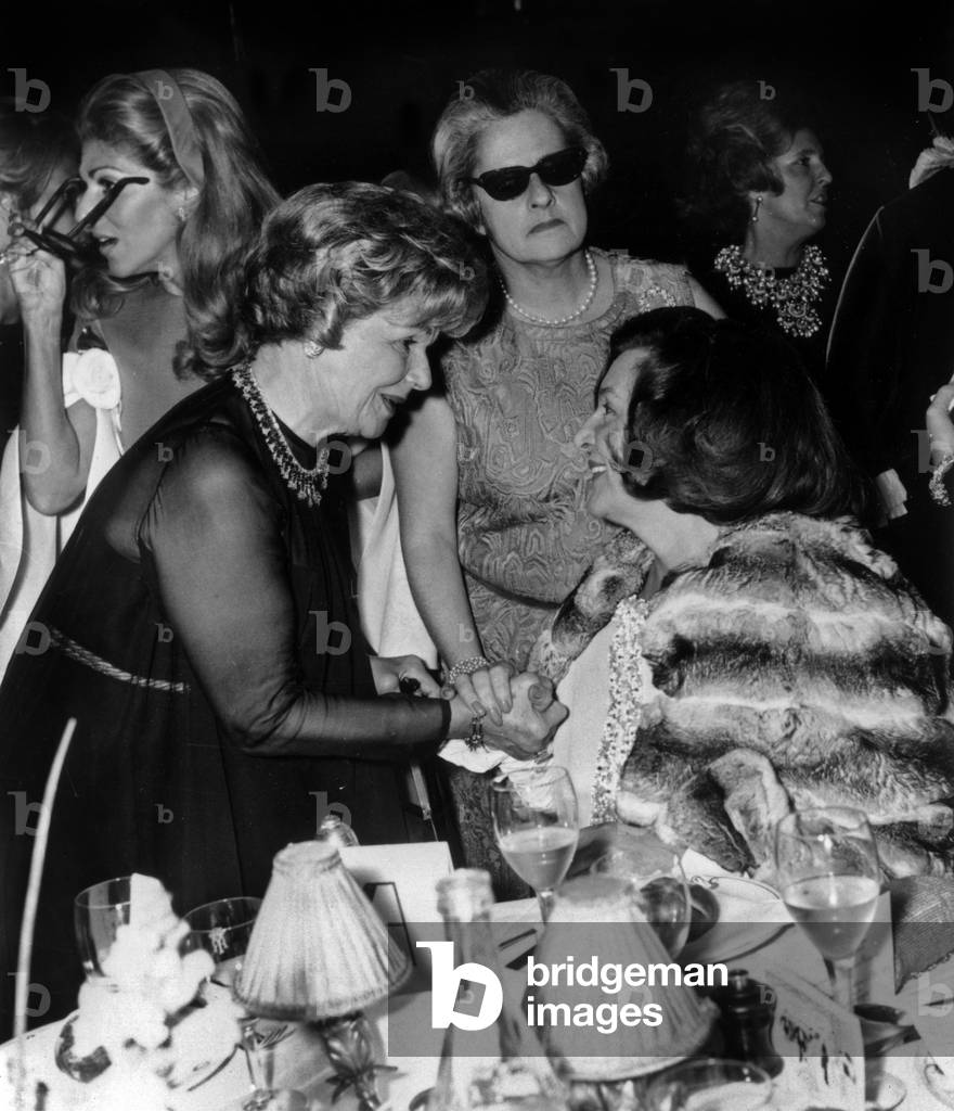 Marie Helene De Rothschild (Behind Profile), Elvire Popesco (L), Actress Marie Bell (Seated) and Baroness Liliane De Rothschild (With Sunglasses Wife of Eliederothschild) at Maxim'S Restaurant After Premiere of Phedre in Paris Opera September 15, 1968 (b/w photo)