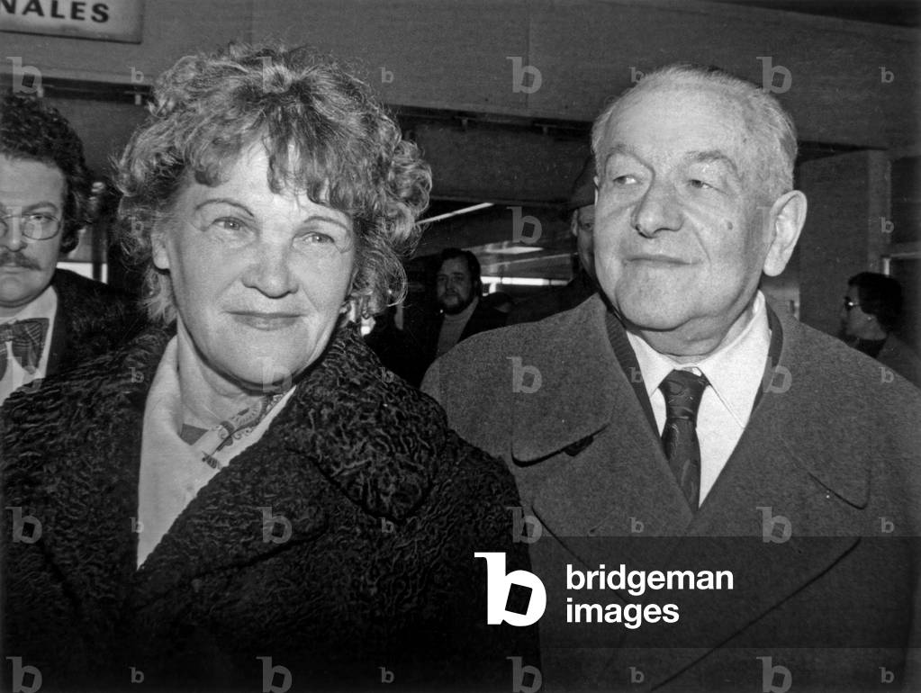 Mr Leopold Trepper (Head of the Pro Sovietique Spy Network “The Red Orchestra” During World War II With His Wife Arriving At Le Bourget Airport October 21, 1974 (b/w photo)