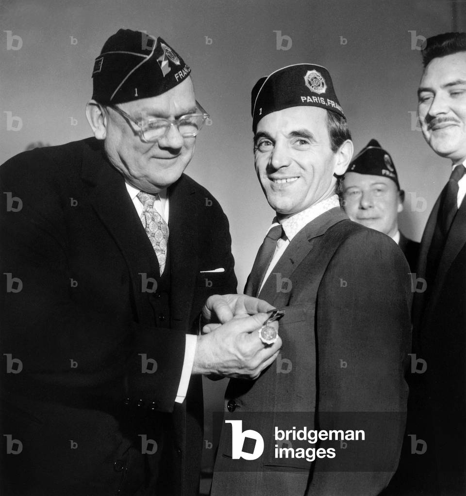 Charles Aznavour Receiving Medal of American Legion, 1963 (b/w photo)