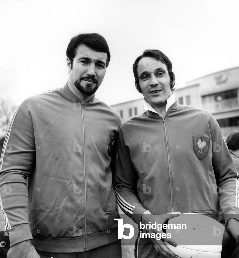 Christian Carrere Captain of The French Rugby Team With Jack Cantoni, during Training in Rueil Malmaison Before Match Against Wales in Colombes , L-R Christian, Carrere, Yrasabal, Benesis and Biemouret March 25, 1971 (b/w photo)