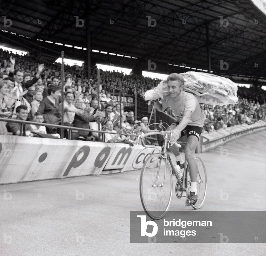 Arriving of Tour De France at The Parc Des Princes in Paris on July 14, 1963 : Jacques Anquetil, Winner of Tour (b/w photo)