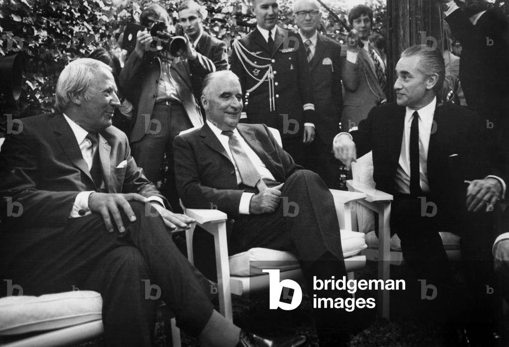 French President Georges Pompidou and English Prime Minister Edward Heath, With Jacques Chaban-Delmas in Elysee Palace Park, May 20, 1971 (b/w photo)