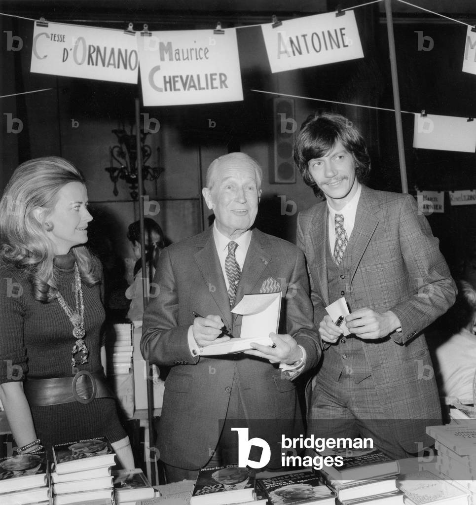 Maurice Chevalier and Singer Antoine (Pierre Antoine Muraccioli) With Countess of Ornano April 8, 1970 (b/w photo)