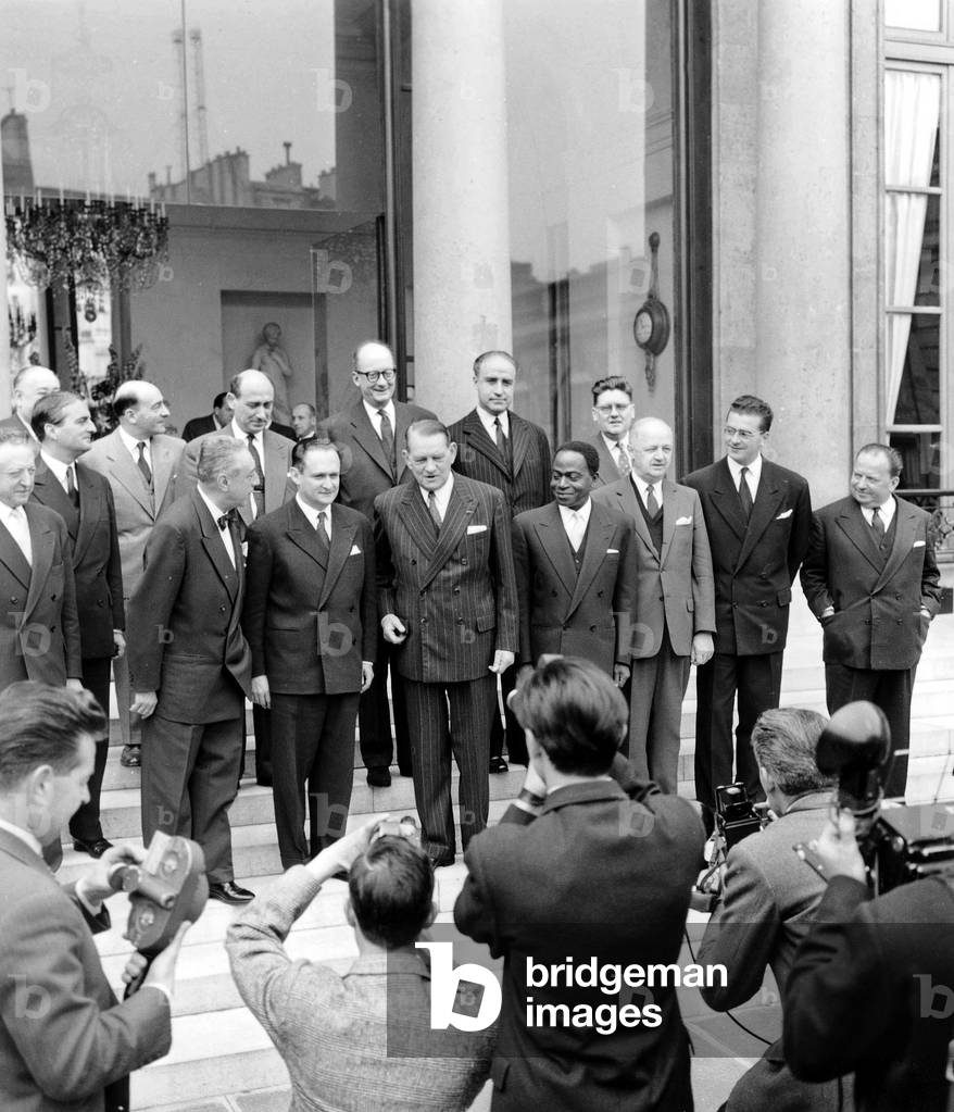 French Prime Minister Maurice Bourges Maunoury With French President Rene Coty and the Members of The Government at Elysee Palace June 13, 1957 at The Time of War in Algeria (b/w photo)