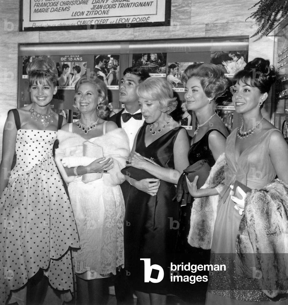 Jean-Claude Brialy Surrounded L-R By Catherine Spaak, Michele Morgan, Micheline Presle Francoise Christophe and Andrea Parisy during Gala in Paris September 13, 1961 (b/w photo)