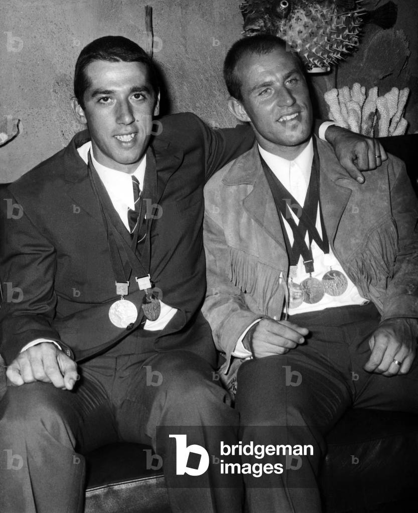 October 26, 1968 Return Of The French Olympic Delegation Daniel Morelon (Left) And Pierre Trentino (Right) With Their Medals (Velo) (b/w photo)